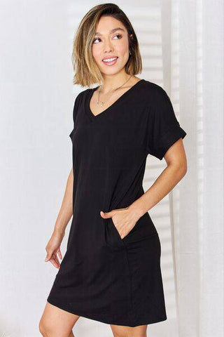 Zenana Full Size Rolled Short Sleeve V-Neck Dress - 1985 the VAULT Boutique