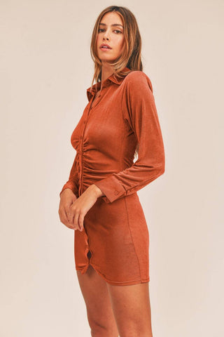 MABLE Front Ruched Button-Down Skinny Mini Shirt Dress - 1985 the VAULT Boutique