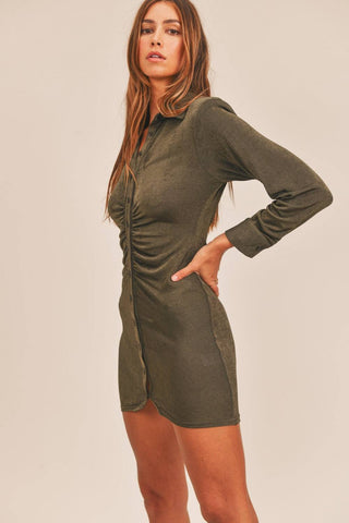 MABLE Front Ruched Button-Down Skinny Mini Shirt Dress - 1985 the VAULT Boutique