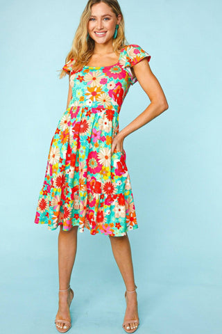 Haptics Floral Square Neck Short Sleeve Dress - 1985 the VAULT Boutique