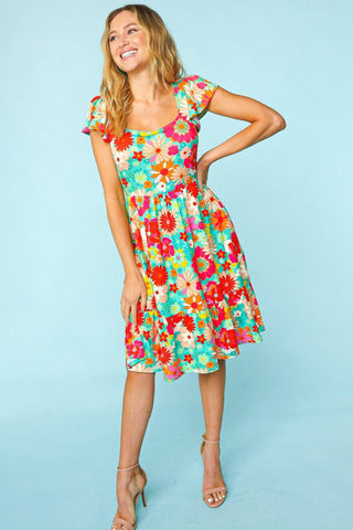 Haptics Floral Square Neck Short Sleeve Dress - 1985 the VAULT Boutique