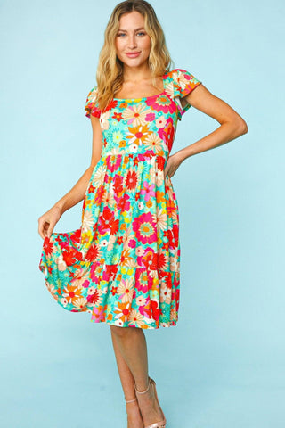 Haptics Floral Square Neck Short Sleeve Dress - 1985 the VAULT Boutique