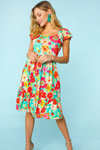 Haptics Floral Square Neck Short Sleeve Dress - 1985 the VAULT Boutique