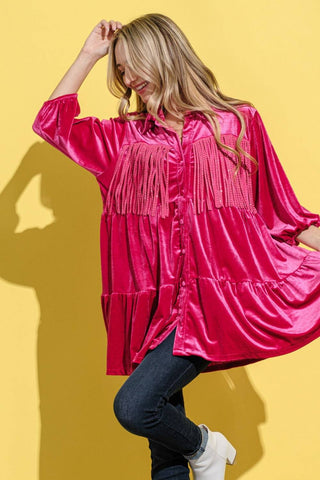 And The Why Fringe Detailed Velvet Shirt Dress - 1985 the VAULT Boutique