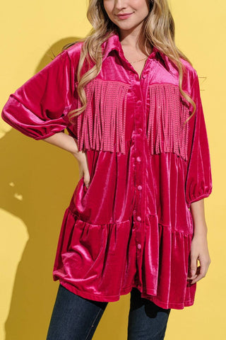 And The Why Fringe Detailed Velvet Shirt Dress - 1985 the VAULT Boutique