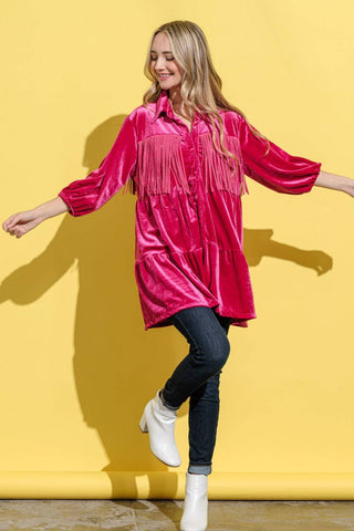 And The Why Fringe Detailed Velvet Shirt Dress - 1985 the VAULT Boutique