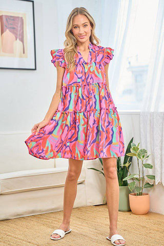 First Love Full Size Printed Ruffle Cap Sleeve Tiered Dress - 1985 the VAULT Boutique