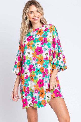 GeeGee Full Size Floral Round Neck Lantern Sleeve Mini Dress - 1985 the VAULT Boutique