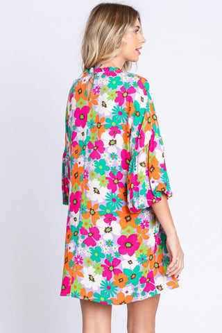 GeeGee Full Size Floral Round Neck Lantern Sleeve Mini Dress - 1985 the VAULT Boutique