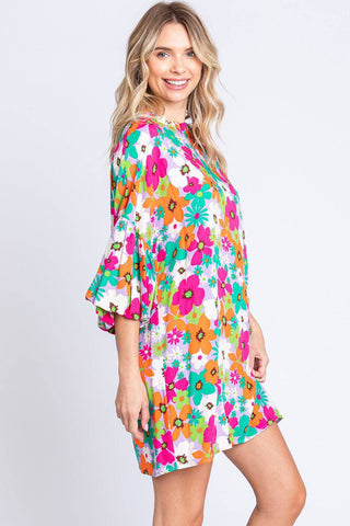 GeeGee Full Size Floral Round Neck Lantern Sleeve Mini Dress - 1985 the VAULT Boutique