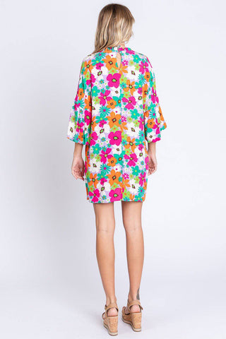 GeeGee Full Size Floral Round Neck Lantern Sleeve Mini Dress - 1985 the VAULT Boutique