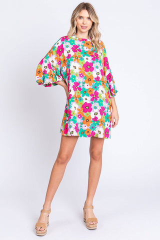 GeeGee Full Size Floral Round Neck Lantern Sleeve Mini Dress - 1985 the VAULT Boutique