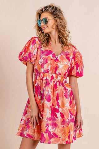 BiBi Floral V-Neck Puff Sleeve Mini Dress - 1985 the VAULT Boutique