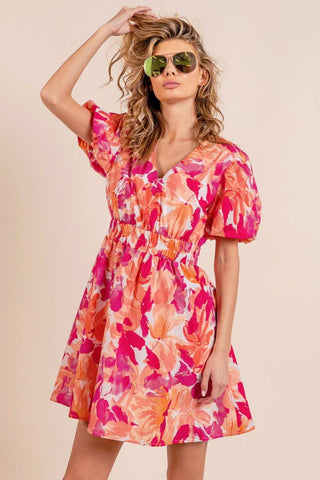 BiBi Floral V-Neck Puff Sleeve Mini Dress - 1985 the VAULT Boutique