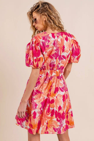 BiBi Floral V-Neck Puff Sleeve Mini Dress - 1985 the VAULT Boutique