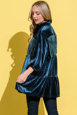 And The Why Fringe Detailed Velvet Shirt Dress - 1985 the VAULT Boutique