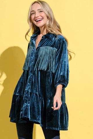 And The Why Fringe Detailed Velvet Shirt Dress - 1985 the VAULT Boutique