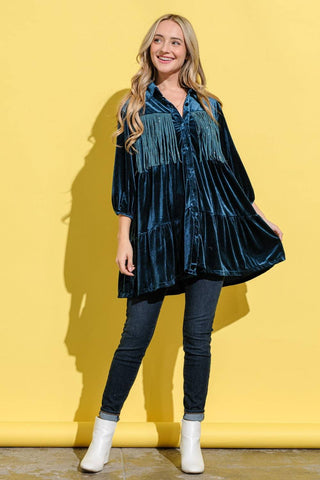 And The Why Fringe Detailed Velvet Shirt Dress - 1985 the VAULT Boutique