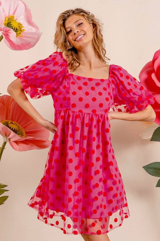 BiBi Polka Dot Mesh Puff Sleeve Dress - 1985 the VAULT Boutique