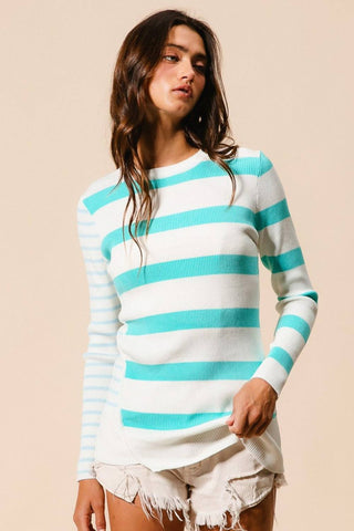 BiBi Contrast Striped Asymmetrical Hem Knit Top - 1985 the VAULT Boutique