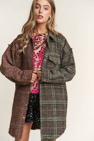 J.NNA Snap Down Tweed Plaid Contrast Longline Shacket - 1985 the VAULT Boutique