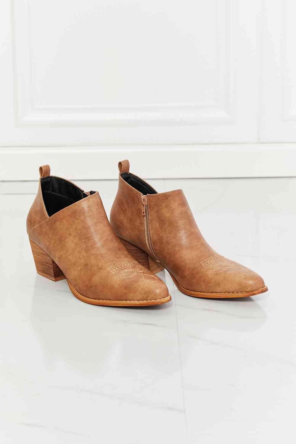 MMShoes Trust Yourself Embroidered Crossover Cowboy Bootie in Caramel - Happily Ever Atchison Shop Co.