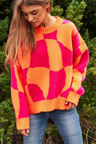 Multi Geo Checker Pullover Knit Sweater Top - 1985 the VAULT Boutique