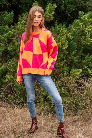 Multi Geo Checker Pullover Knit Sweater Top - 1985 the VAULT Boutique