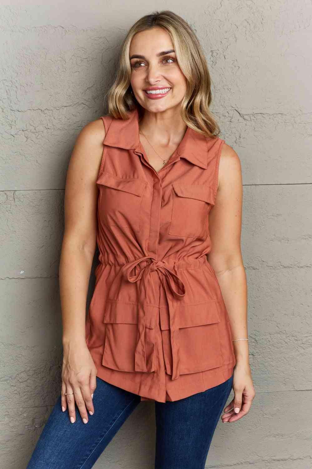 Ninexis Follow The Light Sleeveless Collared Button Down Top - Happily Ever Atchison Shop Co.