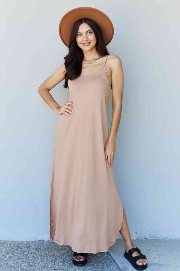 Ninexis Good Energy Full Size Cami Side Slit Maxi Dress in Camel - Happily Ever Atchison Shop Co.