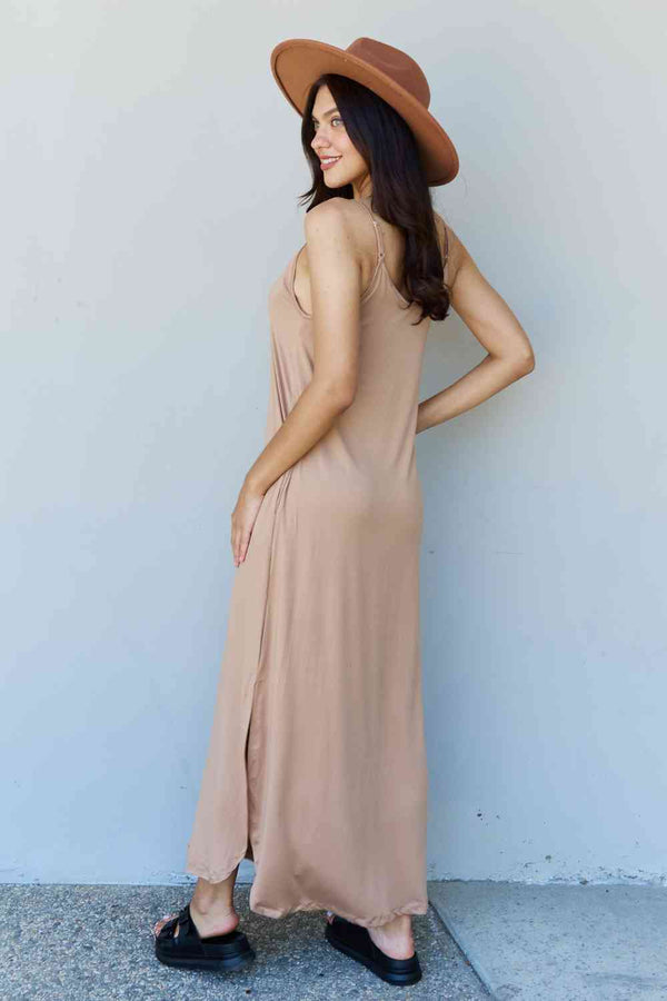 Ninexis Good Energy Full Size Cami Side Slit Maxi Dress in Camel - Happily Ever Atchison Shop Co.