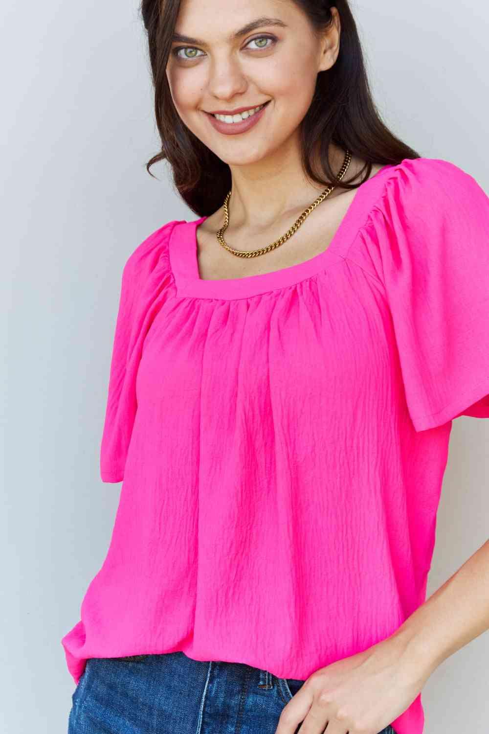 Ninexis Keep Me Close Square Neck Short Sleeve Blouse in Fuchsia - Happily Ever Atchison Shop Co.