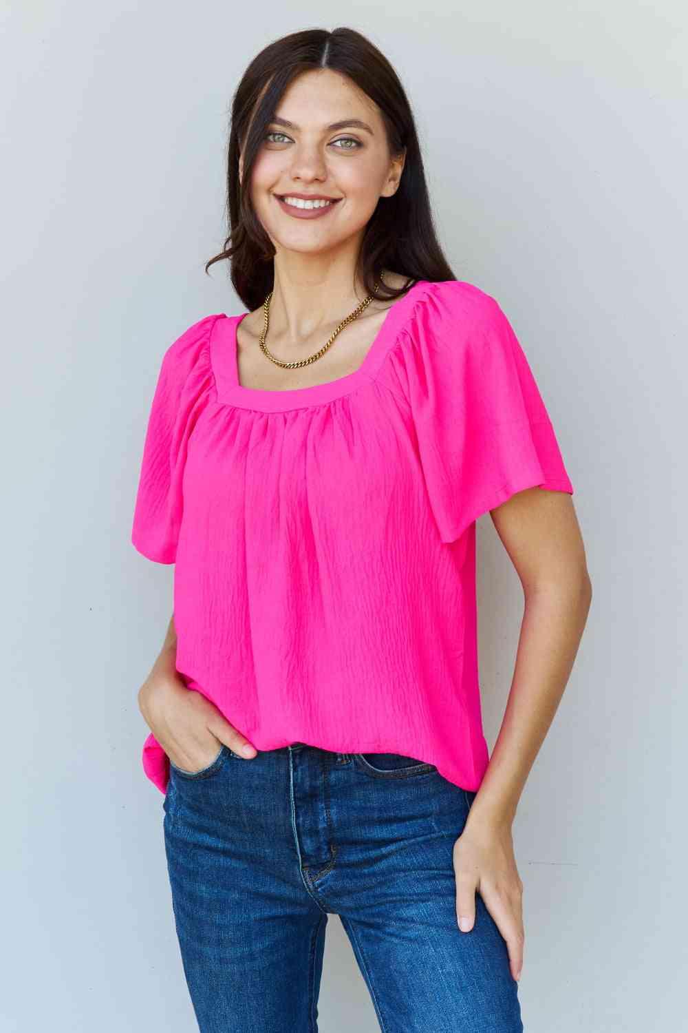 Ninexis Keep Me Close Square Neck Short Sleeve Blouse in Fuchsia - Happily Ever Atchison Shop Co.