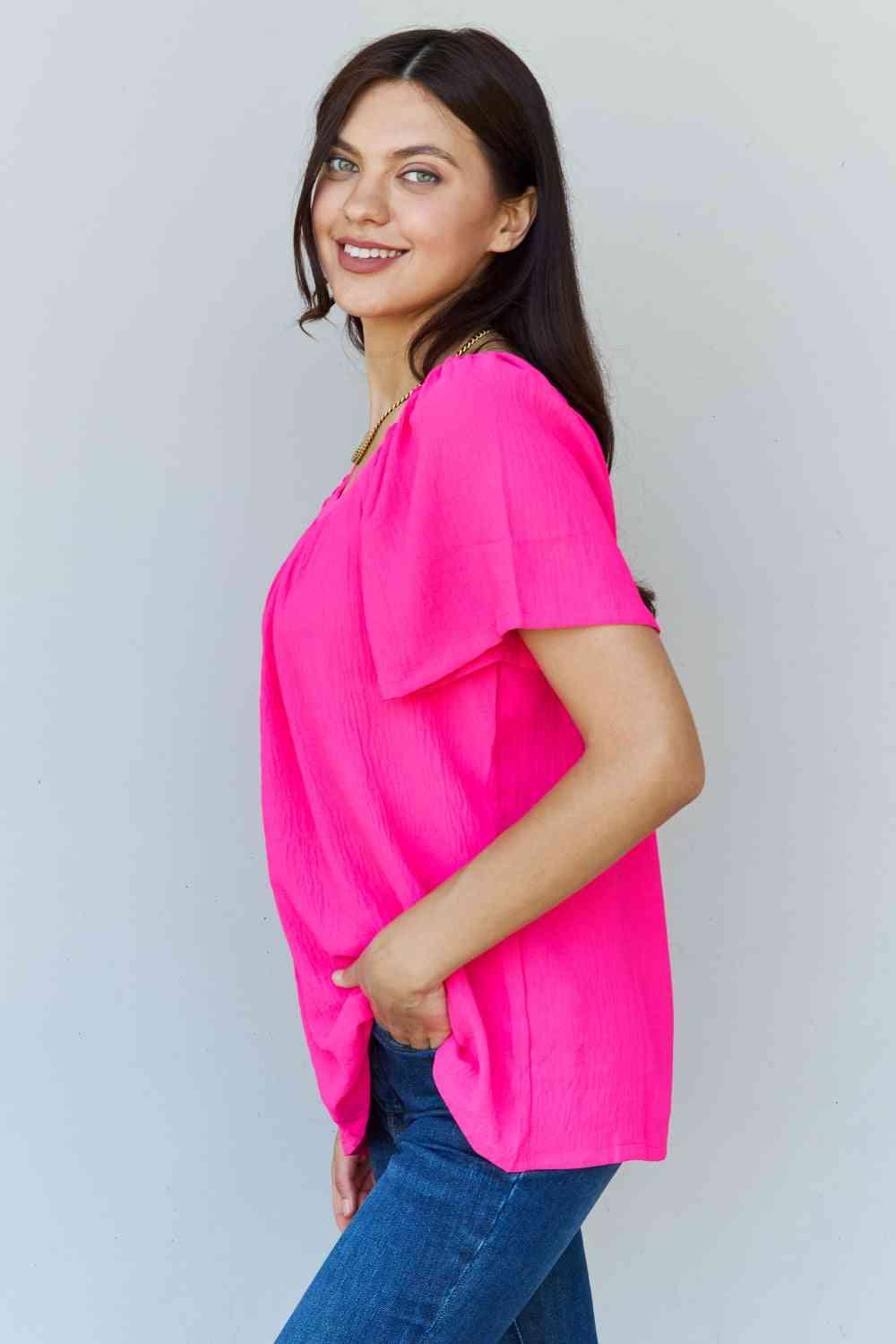 Ninexis Keep Me Close Square Neck Short Sleeve Blouse in Fuchsia - Happily Ever Atchison Shop Co.