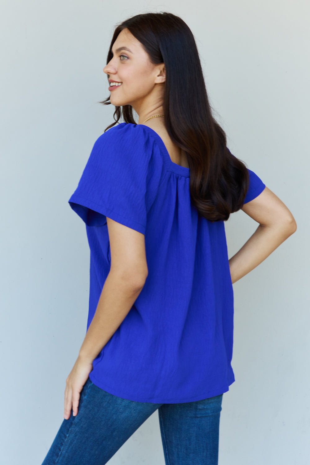 Ninexis Keep Me Close Square Neck Short Sleeve Blouse in Royal - Happily Ever Atchison Shop Co.