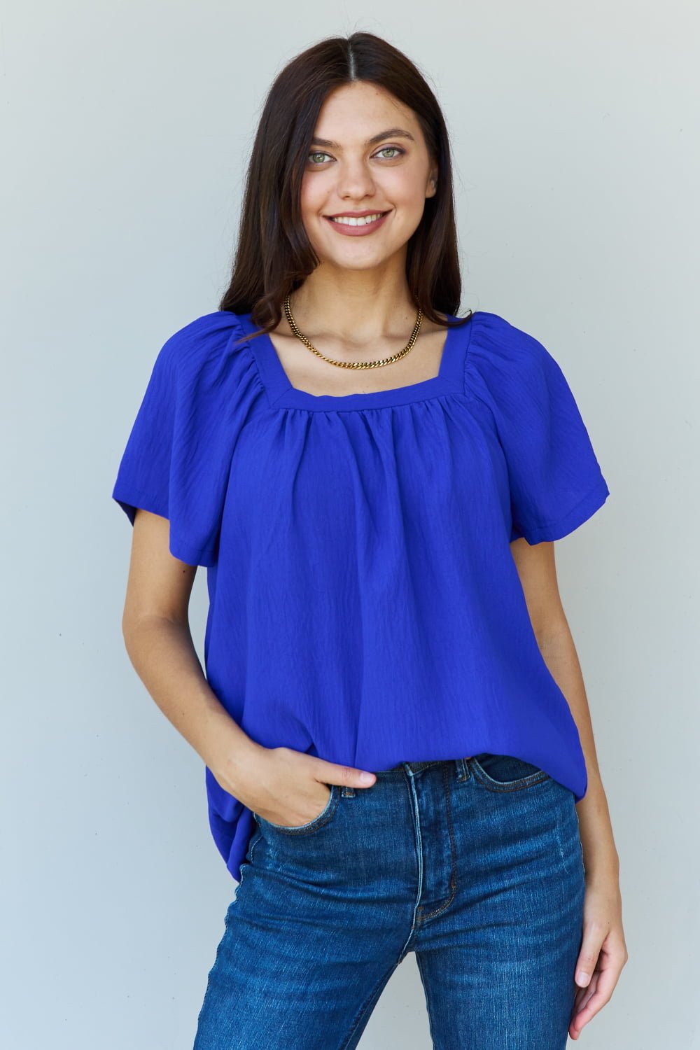 Ninexis Keep Me Close Square Neck Short Sleeve Blouse in Royal - Happily Ever Atchison Shop Co.