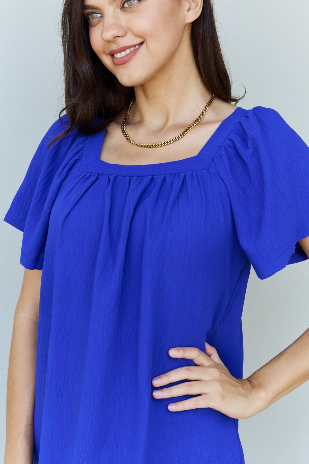 Ninexis Keep Me Close Square Neck Short Sleeve Blouse in Royal - Happily Ever Atchison Shop Co.