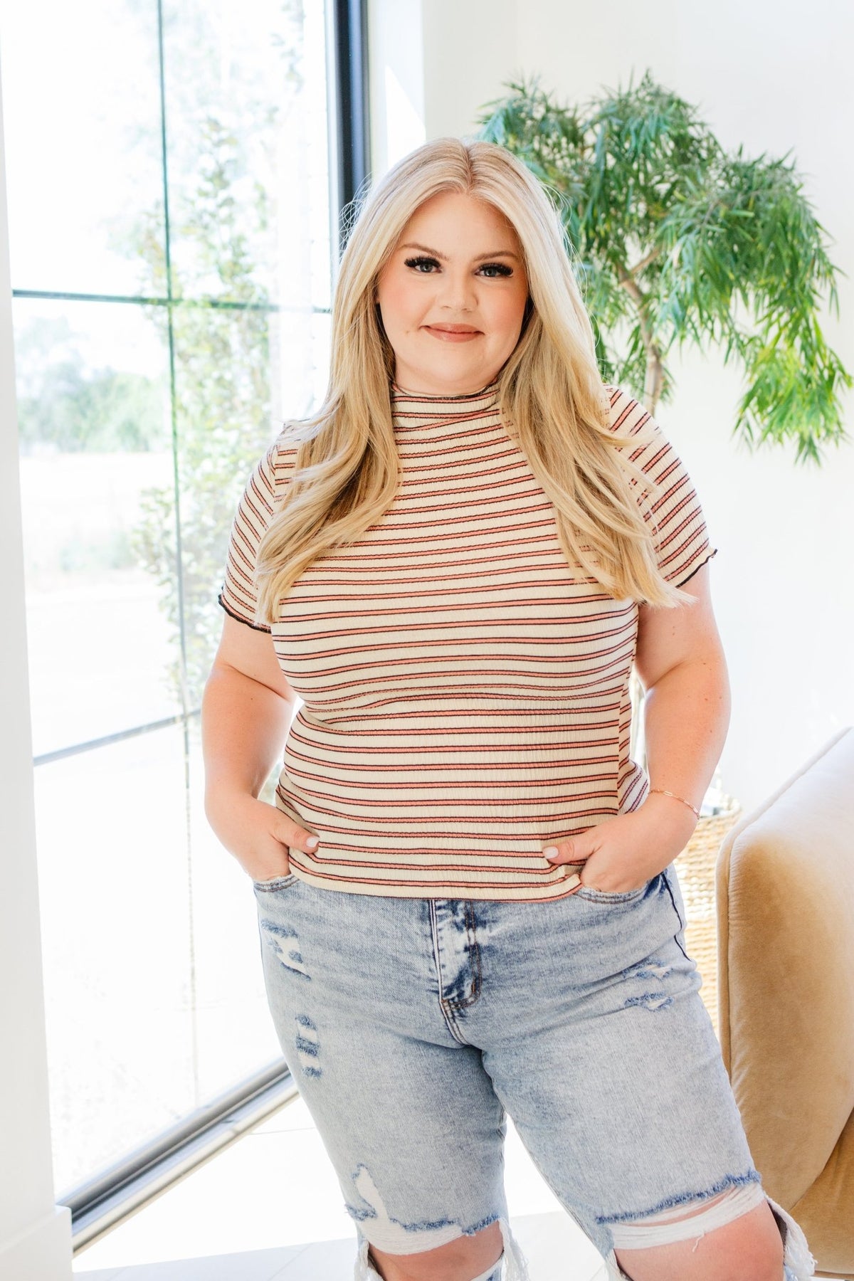 Nostalgic Note Striped Mock Neck Top - Happily Ever Atchison Shop Co.