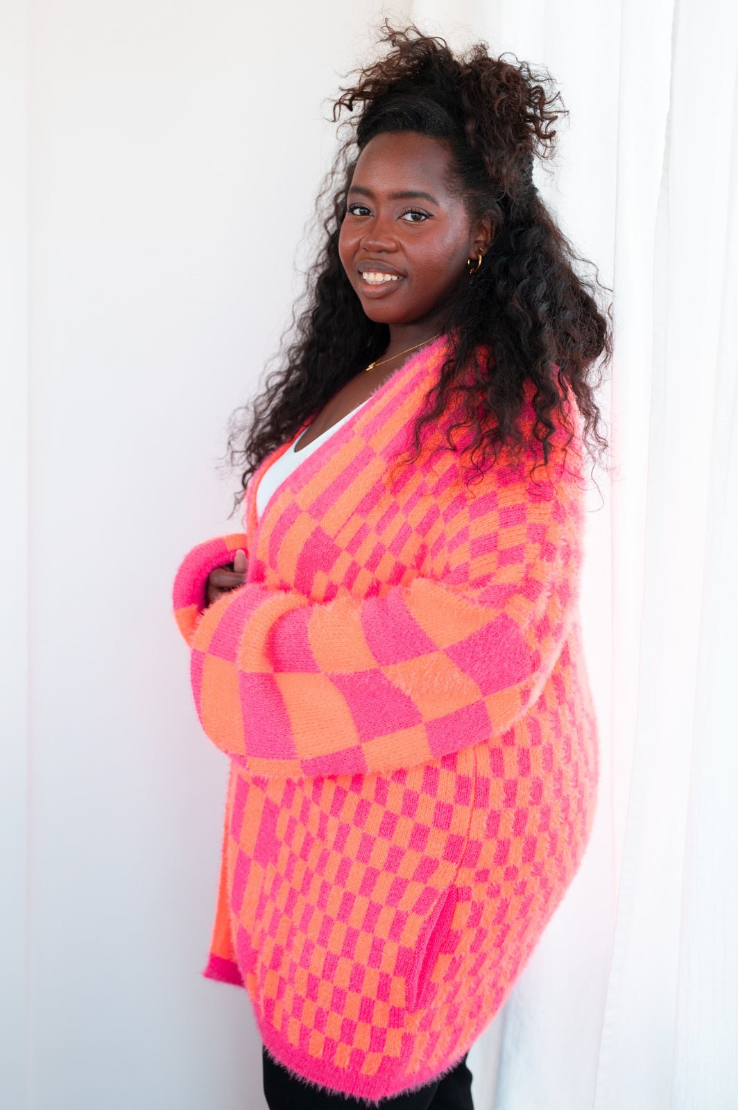 Noticed in Neon Checkered Cardigan in Pink and Orange - Happily Ever Atchison Shop Co.