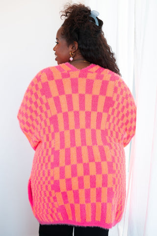 Noticed in Neon Checkered Cardigan in Pink and Orange - Happily Ever Atchison Shop Co.