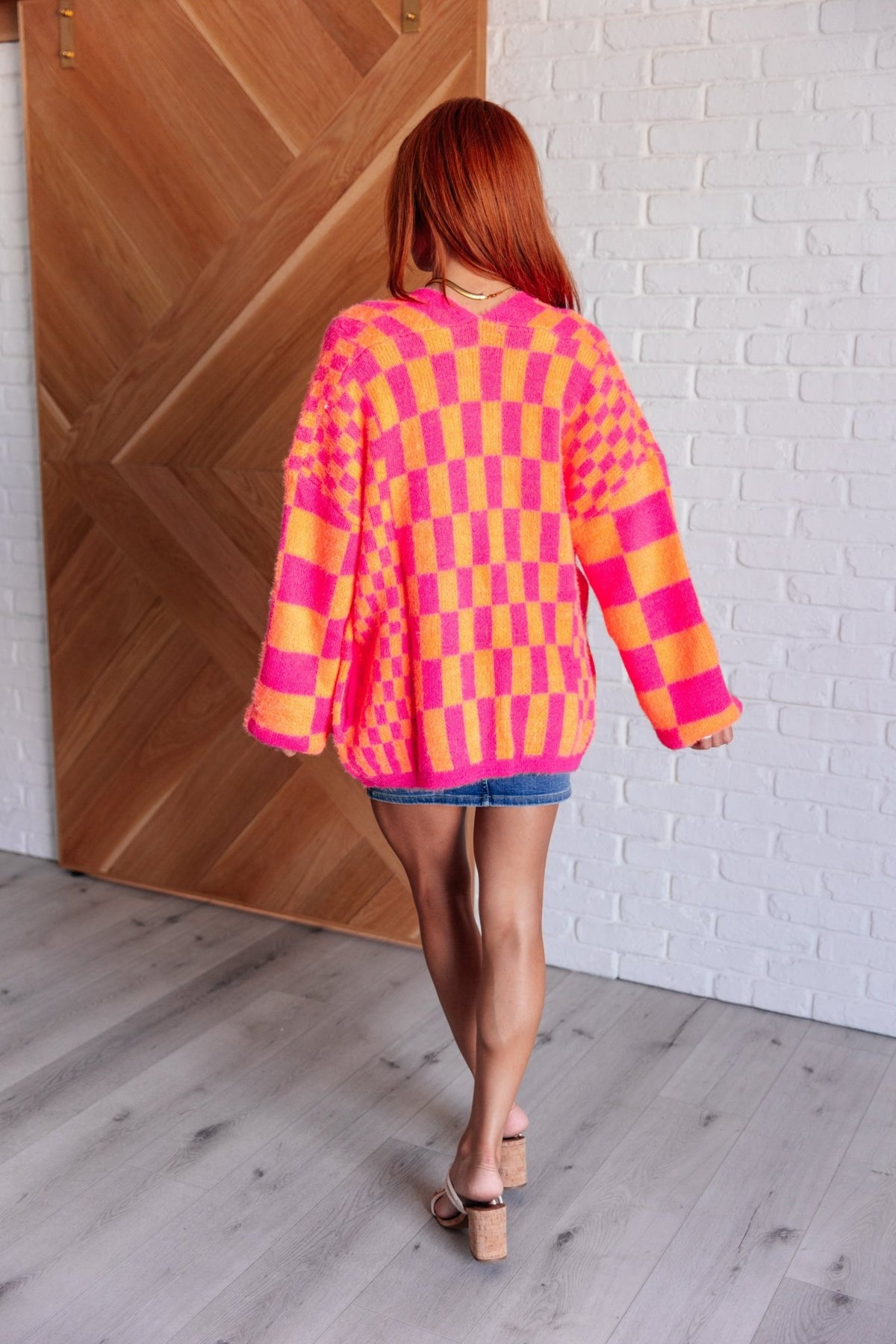 Noticed in Neon Checkered Cardigan in Pink and Orange - Happily Ever Atchison Shop Co.