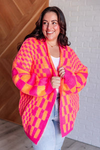 Noticed in Neon Checkered Cardigan in Pink and Orange - Happily Ever Atchison Shop Co.