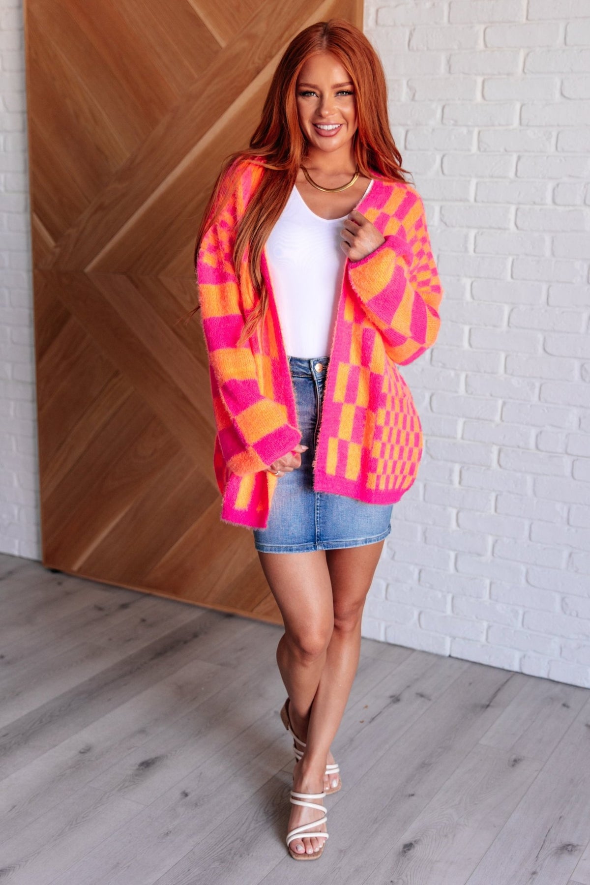 Noticed in Neon Checkered Cardigan in Pink and Orange - Happily Ever Atchison Shop Co.