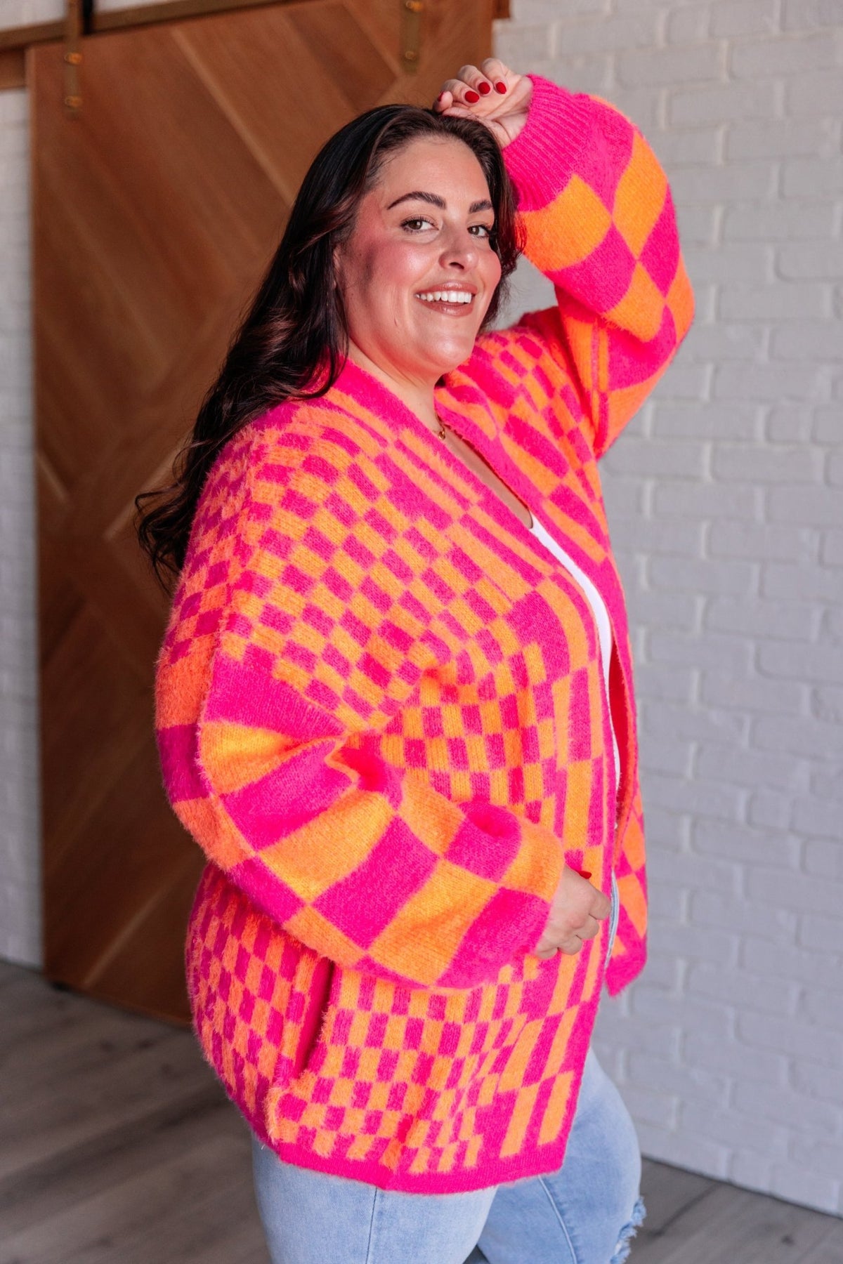 Noticed in Neon Checkered Cardigan in Pink and Orange - Happily Ever Atchison Shop Co.