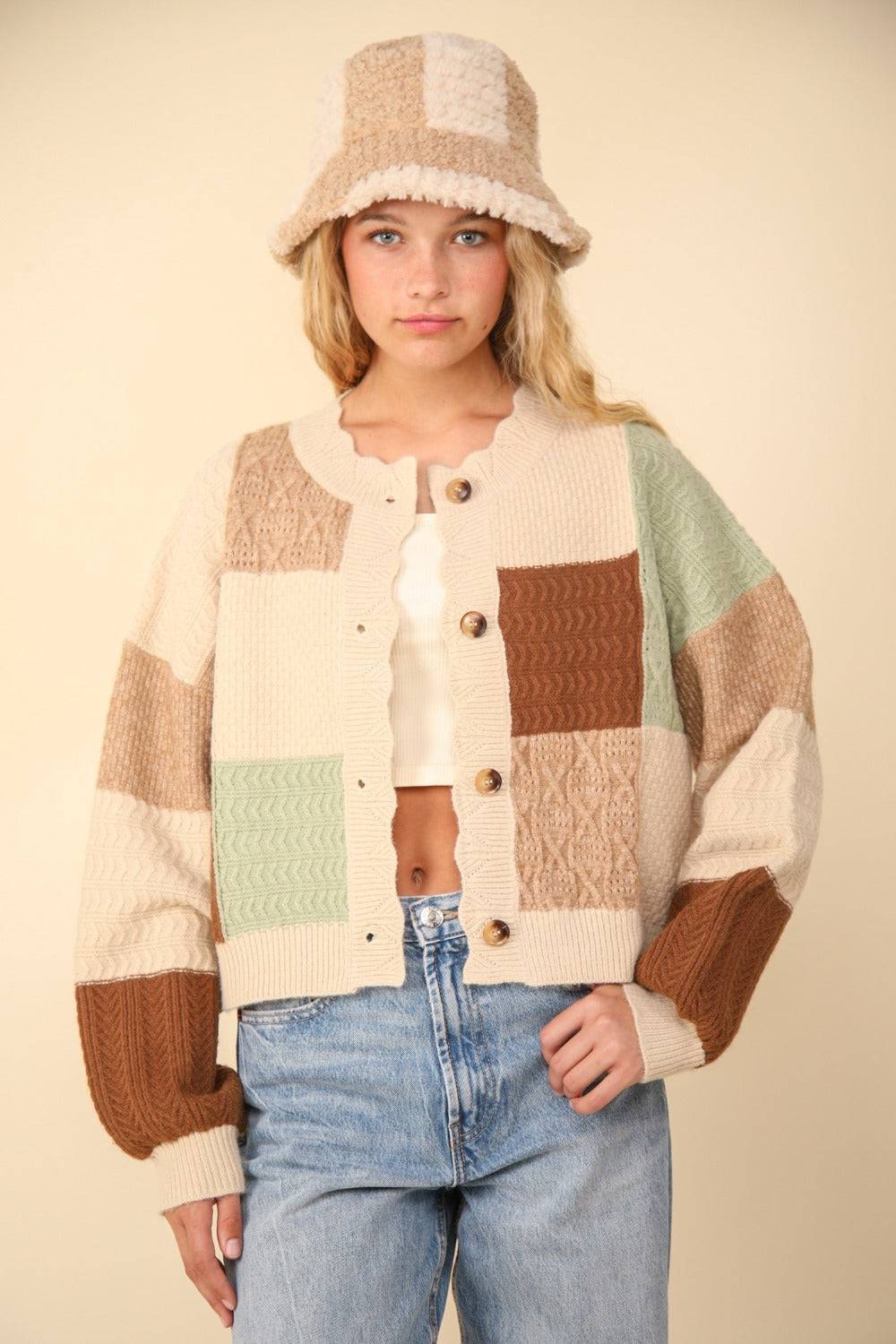 VERY J Color Block Button Down Textured Sweater Cardigan - 1985 the VAULT Boutique