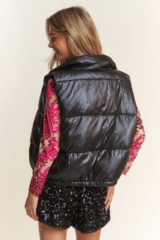 J.NNA Snap and Zipper Shiny Metallic Puffer Vest - 1985 the VAULT Boutique