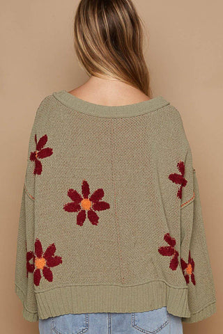 POL V-Neck Floral Pattern Chenille Sweater - 1985 the VAULT Boutique