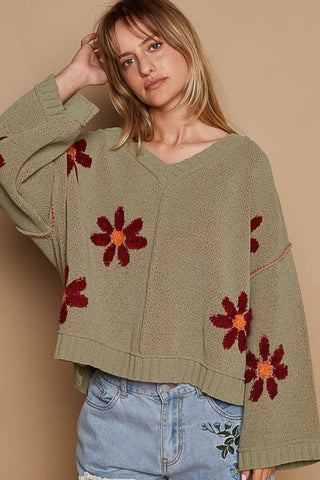 POL V-Neck Floral Pattern Chenille Sweater - 1985 the VAULT Boutique