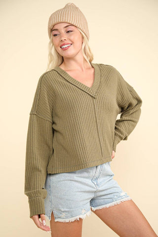 VERY J Exposed Seam V-Neck Ribbed Knit Top - 1985 the VAULT Boutique