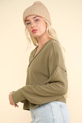 VERY J Exposed Seam V-Neck Ribbed Knit Top - 1985 the VAULT Boutique